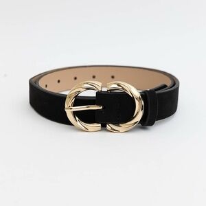 Double C Shaped Buckle Suede Belt- Black